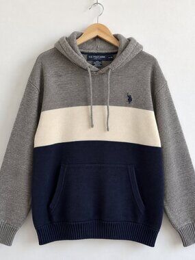 U.S. Polo Assn. Colorblock Knit Hoodie Sweater Men's XL Grey Cream Navy